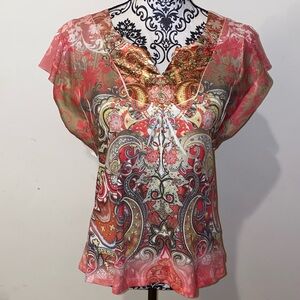 5/$50 Energe World Wear Women's Embellished Boho V-Neck Top Size Small